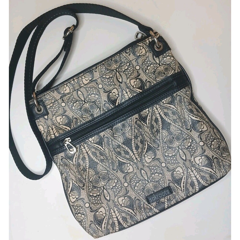 Sakroots Flat Crossbody Bag Soulful Owl Black White Print Artsy Boho